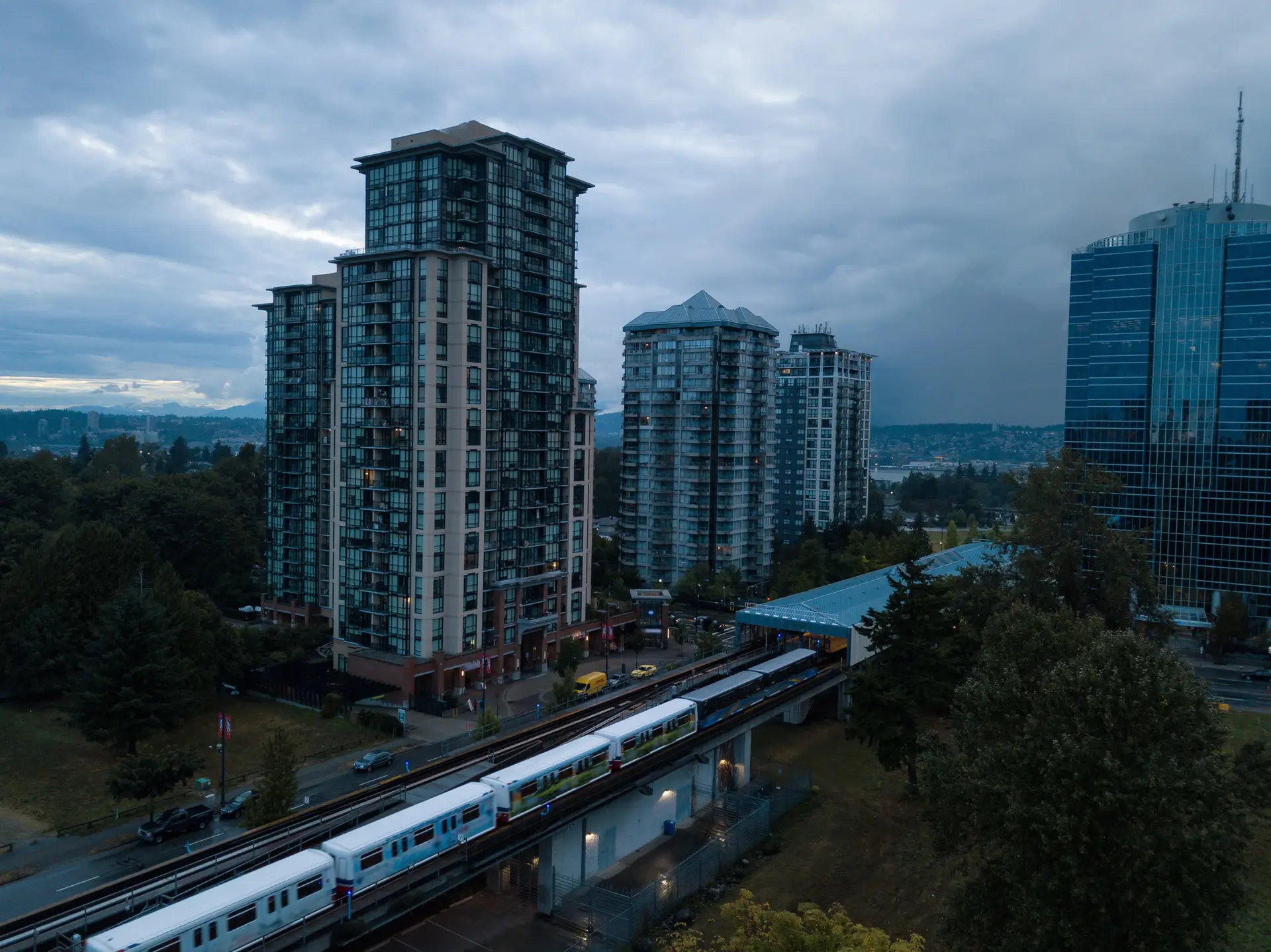 Aerial view of Surrey City in Greater Vancouver, British Columbia, Canada. Taken during a rainy evening.